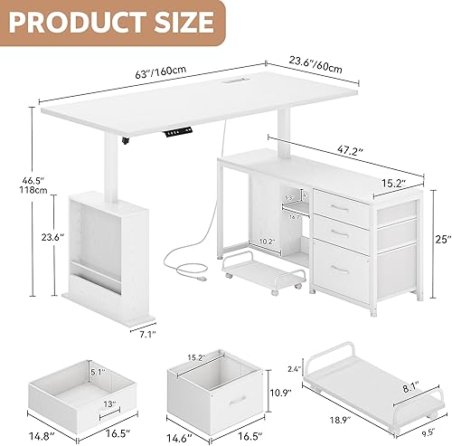 Miniatura 2 de Escritorio de pie en forma de L de 63 pulgadas con 3 cajones, escritorio eléctrico de altura ajustable, escritorio de pie con almacenamiento para