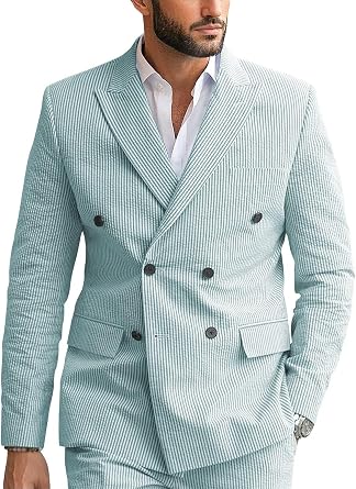 Men Summer Seersucker Suits 2 Piece Slim Fit Double Breasted Striped Seer Sucker Suit for Men Wedding Suits