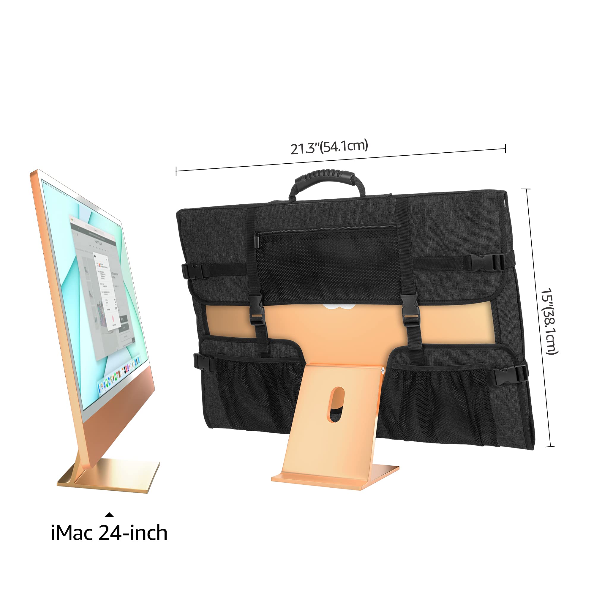 CURMIO Borsa da Viaggio per Computer Desktop Apple iMac da 24", Copertura Antipolvere per Schermo del Computer con Manico in Gomma e Tasche, Nero (in Attesa di Brevetto)