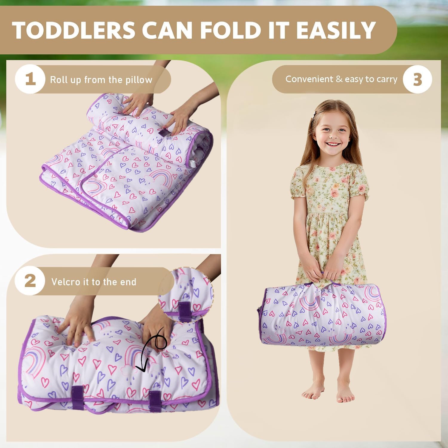 Toddler Nap Mat with Pillow and Blanket for Girls Boys, 50"x20" | Thick sleeping mat for preschool, daycare, and kindergarten. Portable roll-up design with carry handle, machine washable