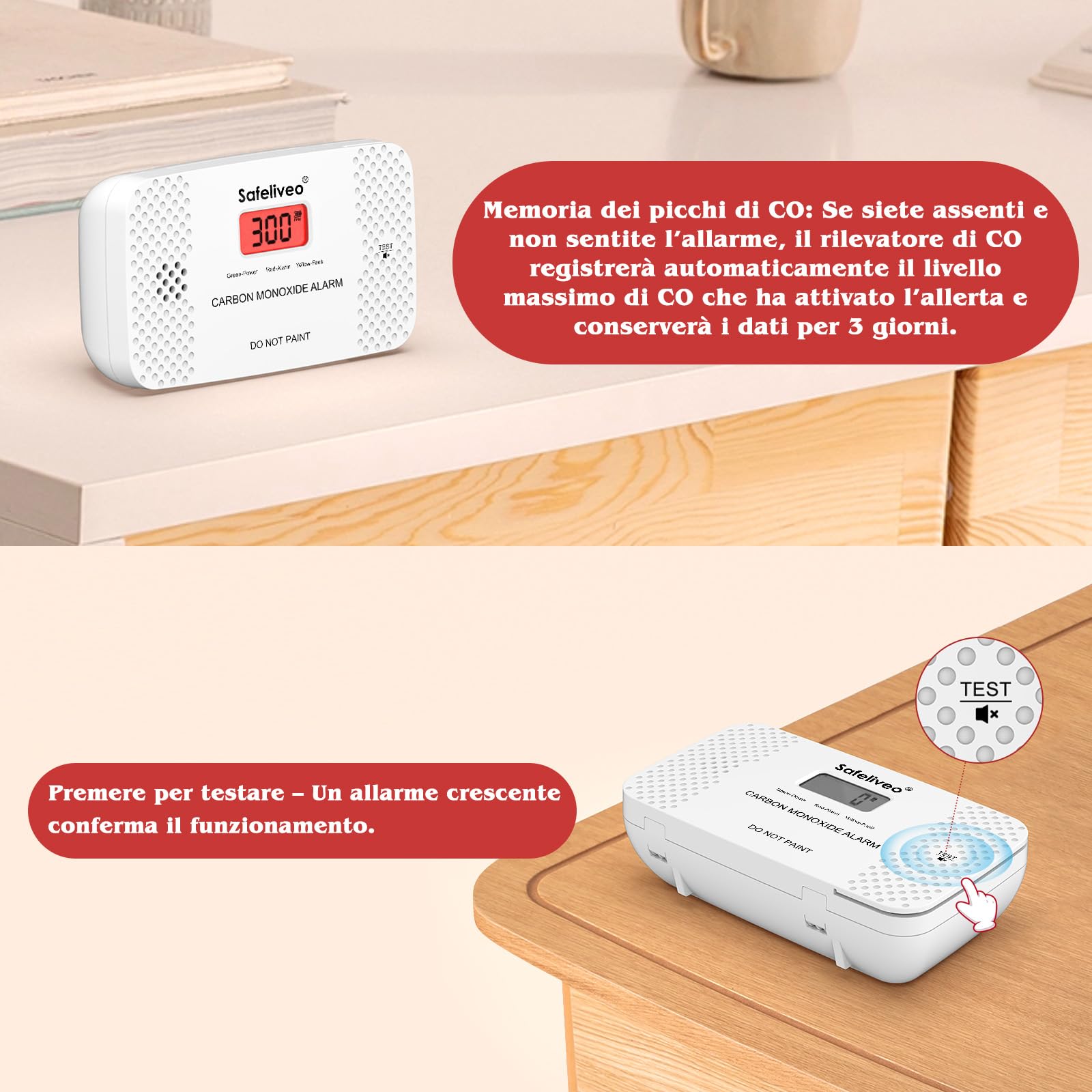 Safeliveo Rilevatore di Monossido di Carbonio con Schermo LCD, Sensore CO con Batteria Sostituibile, Pulsante Test e funzione Mute,Rilevatore Monossido Portatile per Casa,Viaggio, EN 50291-2 pezzo
