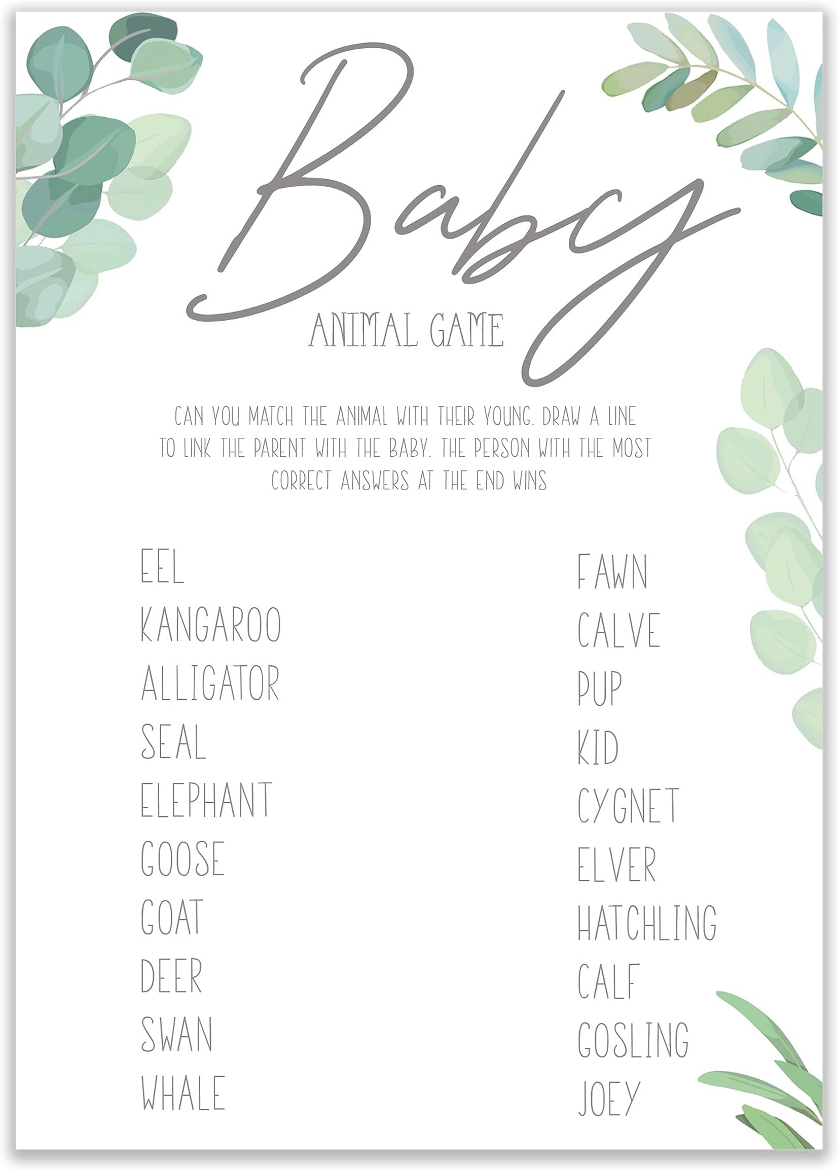Little Angels Jamboree Baby Shower Game - Pack of 20 Baby Boho/BOTANICAL Baby Animal Match Game Cards (BSBBAMG20)