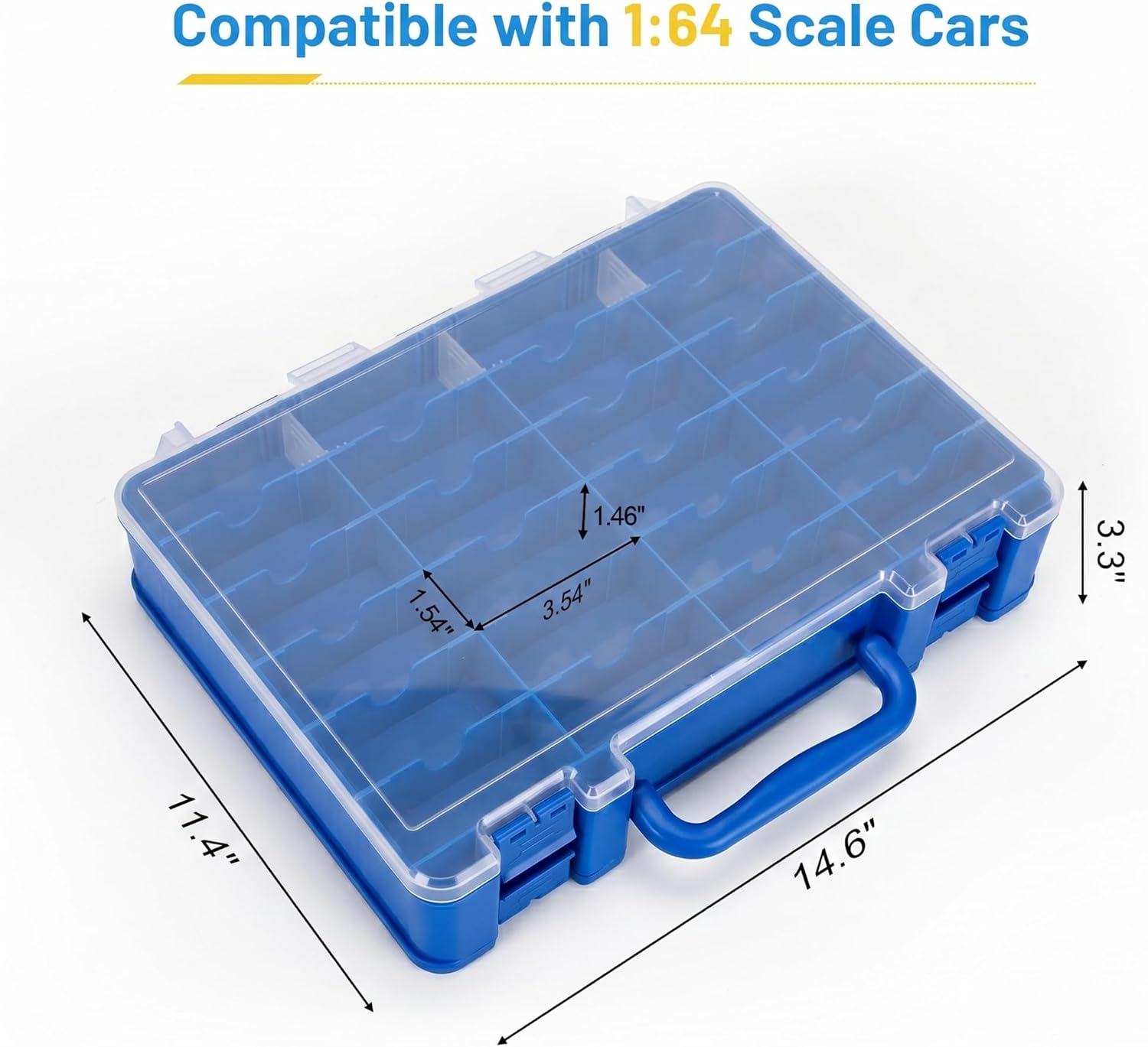 Saichotoy Storage Case for Hot Wheels - Carrying Display Case for 1/64 Scale Toy Cars, 48-Slot Double-Sided Transparent Organizer with Adjustable Dividers (Blue, 2 Packs)