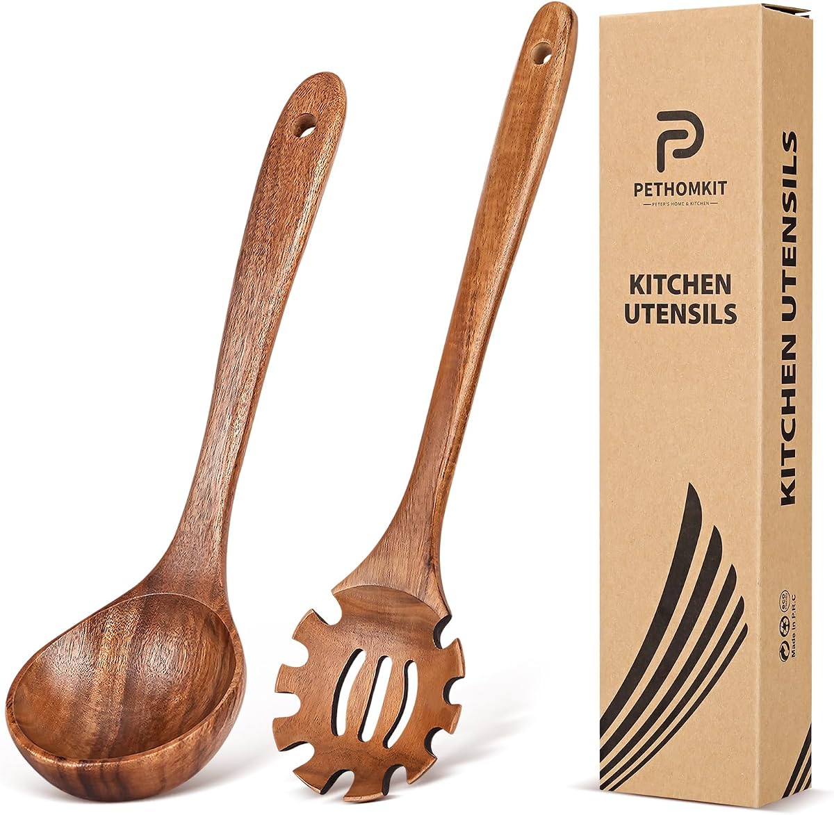 Wooden Soup Ladle Spoon & Spaghetti Pasta Spoons Utensil Set of 2 | Wooden Spoons for Cooking Serving, Teak Wood Ladles Set,Pasta fork with Teeth, Slotted Noodle Spoon for Stirring Sauce broths