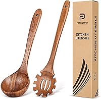 Vista 1 de Cucharas de madera para cocinar, juego de 2 piezas de utensilios de madera de cuchara de sopa y cuchara de pasta de espagueti con dientes, juego