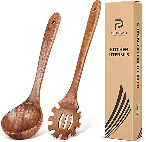 Cucharas de madera para cocinar, juego de 2 utensilios de madera de cucharón de sopa y cuchara de pasta de espaguetis con dientes, cucharón de sopa
