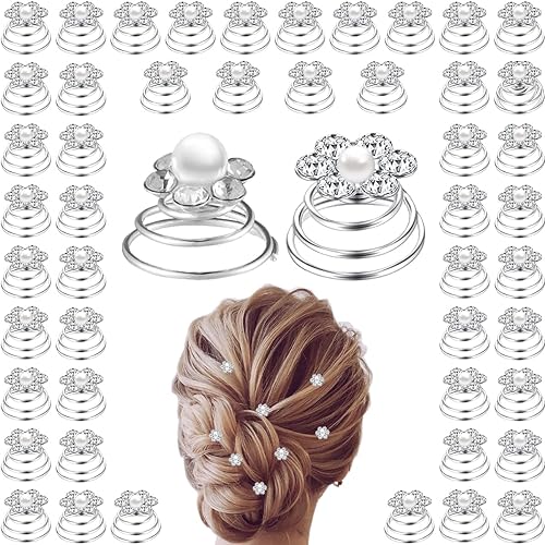 Juego de 50 tornados de perlas de cristal en espiral, gemas de diamantes de imitación para novias, horquillas plateadas, pinzas para el cabello para