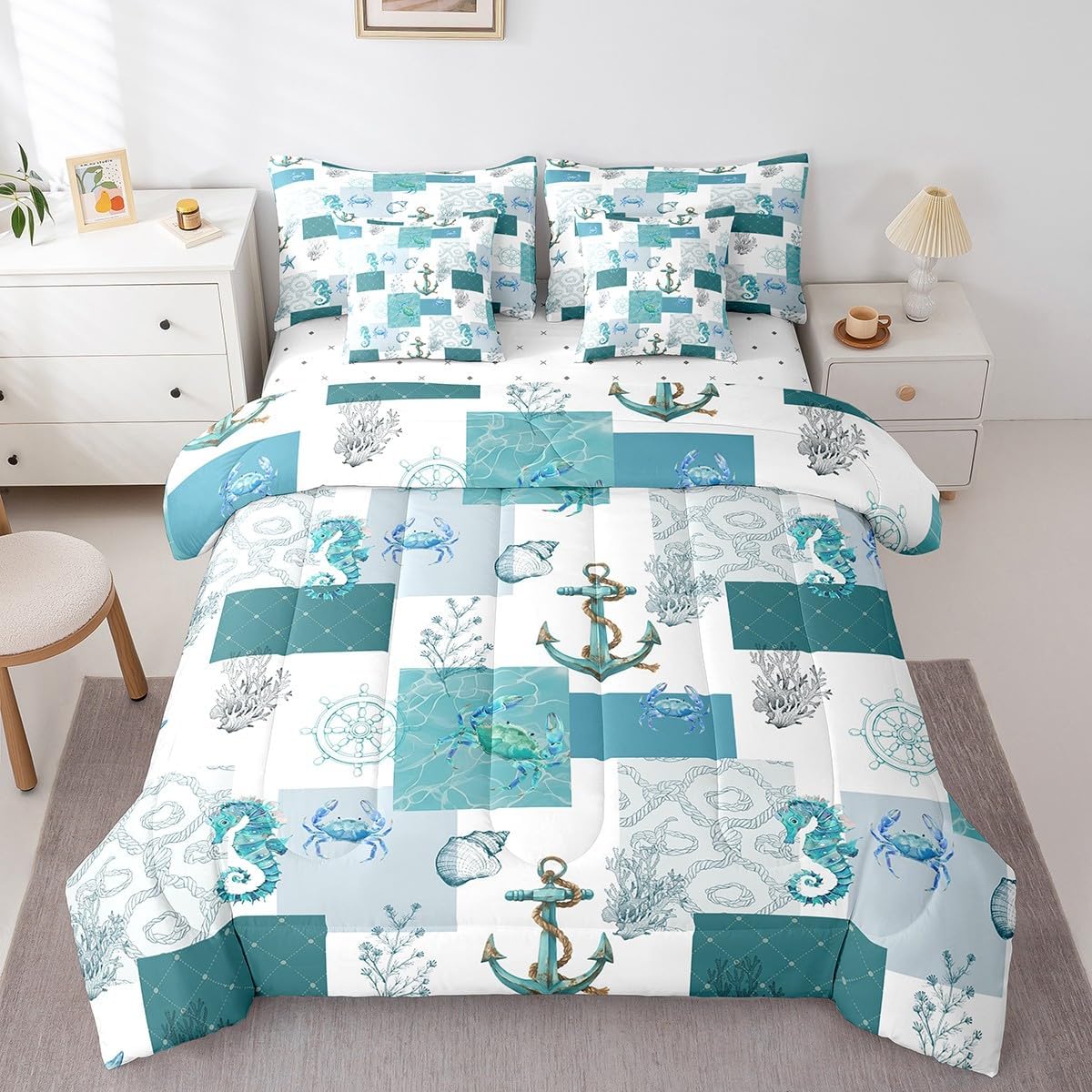 jejeloiu Seahorse Crab Anchor Comforter Set with Sheets Queen Size Kids Ocean Animal Plaid 7 Pieces Bedding Set for Boys Girls Teens Fish Scales Nautical Grid Bed in a Bag Breathable Coastal Bed Set