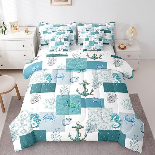 jejeloiu Seahorse Crab Anchor Comforter Set with Sheets Queen Size Kids Ocean An