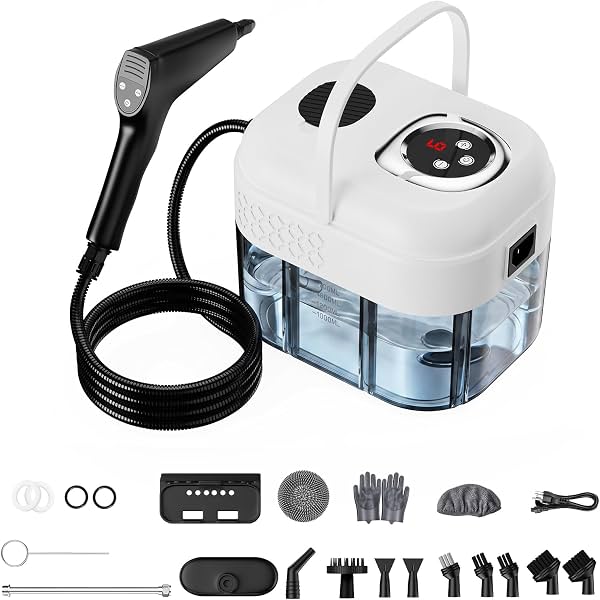 Limpiador a Vapor de Mano con 6 Niveles Ajustables para Hogar y Auto | Potencia de 2500W, Calentamiento en 15s, Vapor a 221°F, Tanque Grande de 1.7L y 18 Accesorios para Detallado de Autos, Hogar, Azulejos, Lechada y Muebles