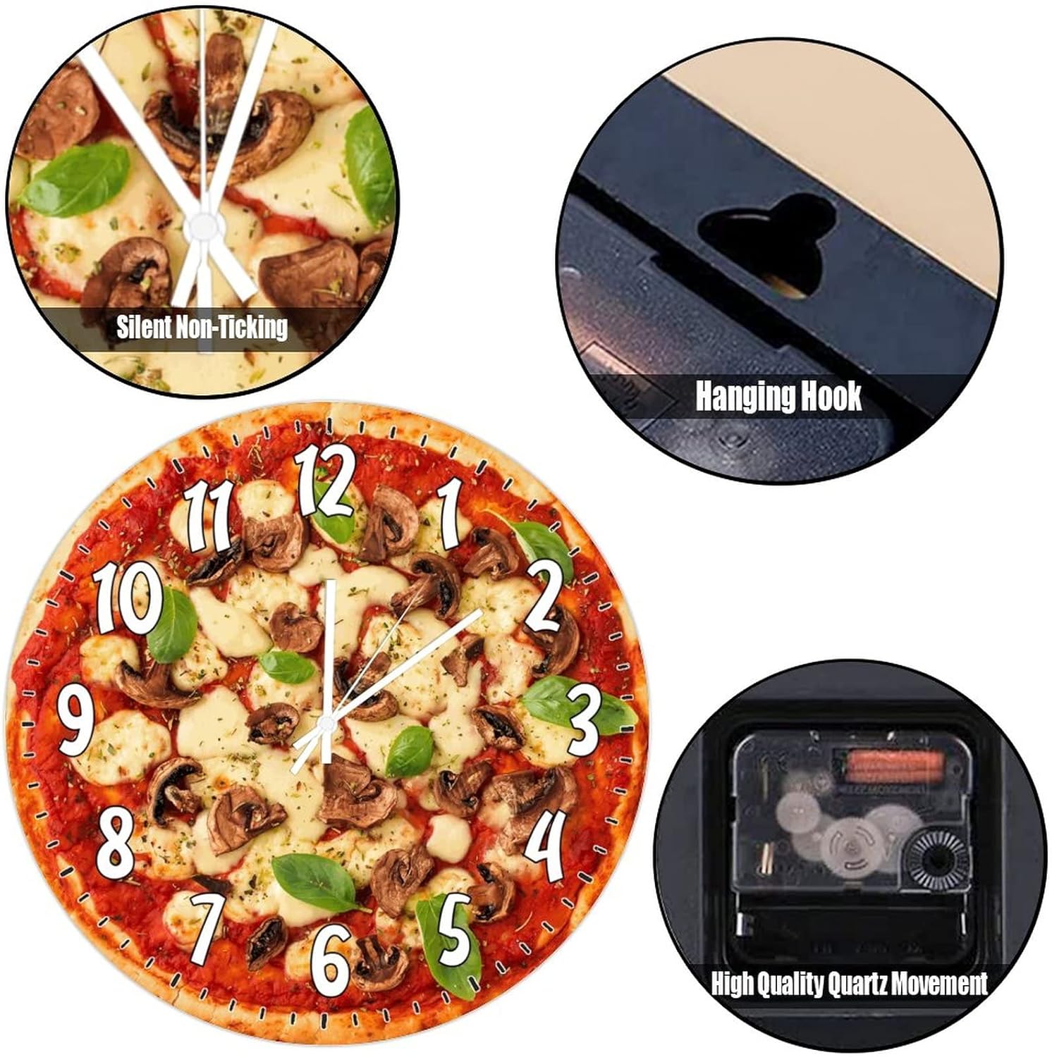 Mushroom Tomato Cheese Pizza Wood Wall Clock Non Ticking Silent Art Clocks Food Kitchen Decor Wall Clocks for Dinning Living Room Restaurant Wall Decor 12Inch Round Clock Birthday Housewarming Gift
