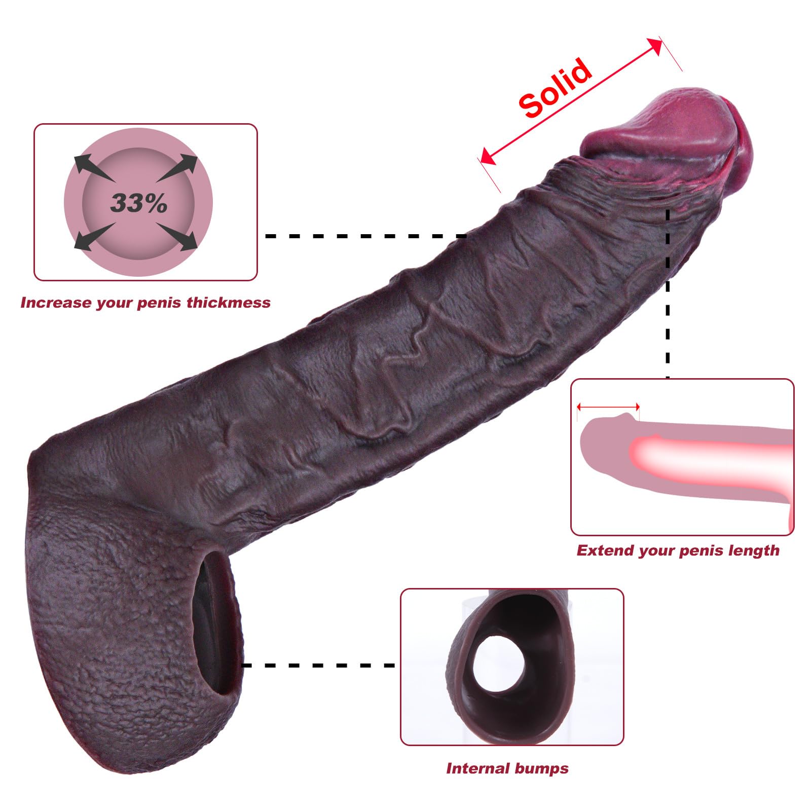 Allargatore realistico per pene maschile, fodera in silicone riutilizzabile 7,5 pollici con anello spesso, per ritardare l’eiaculazione, migliorare l’erezione, giocattolo sessuale per coppie maschili