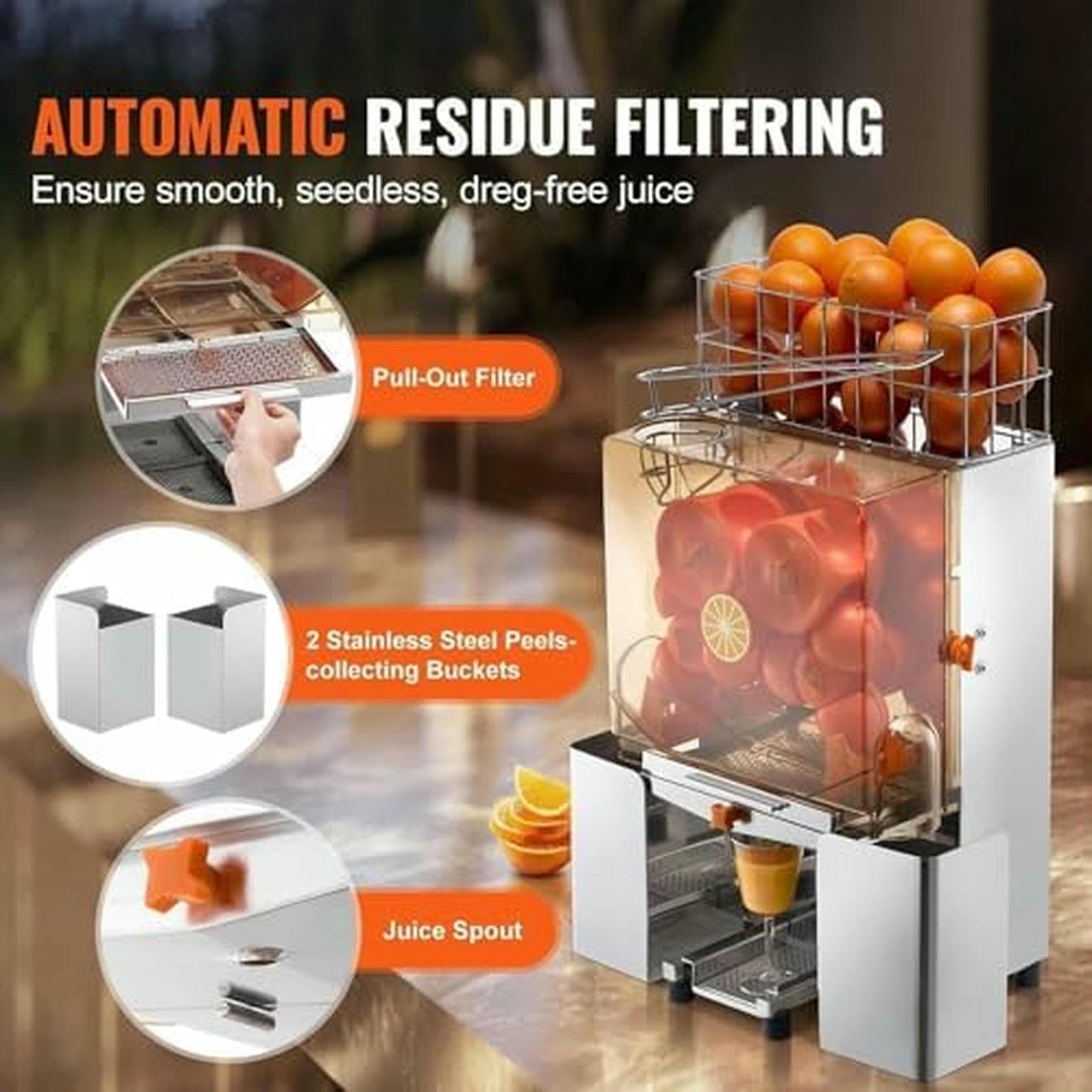 Máquina exprimidora de Naranjas Comercial de 120 W, Extractor de Zumo automático con Caja de Filtro extraíble y exprimidor de Acero Inoxidable para 20 Naranjas por Minuto.