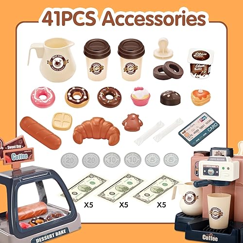 Miniatura 2 de Juego de cafetería de simulación para niños con cafetera de juguete, caja registradora, donas y accesorios, juego de roles interactivo de sonido y
