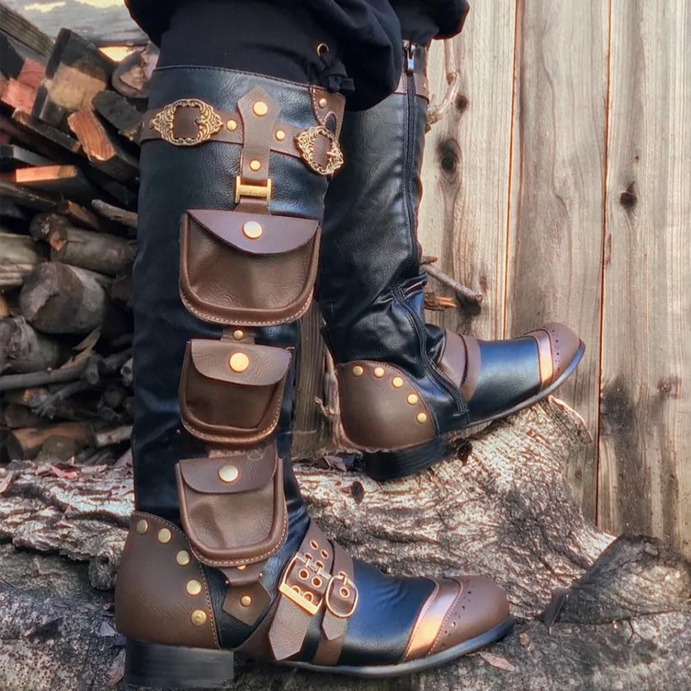 Stivali Da Cavaliere Steampunk Stivali Da Pirata Vichingo in Pelle Sintetica Con Tasca Laterale Scarpe Singole Con Cerniera Retrò per Cosplay