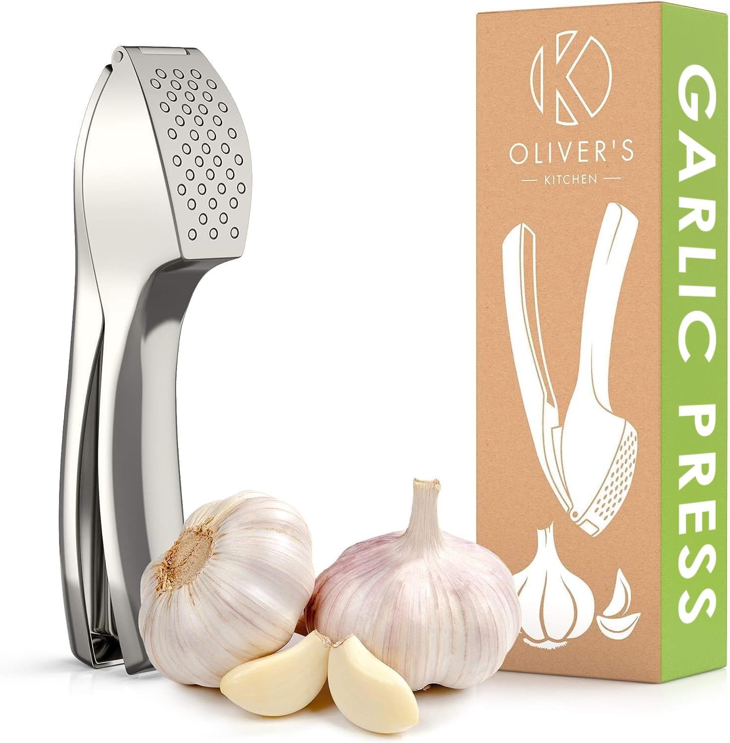 Premium Garlic Press - Super Easy to Use & Clean Garlic Crusher & Mincer - Crush Garlic & Ginger Effortlessly (No Need to Peel) - Built for Life - Strong & Durable (Silver)