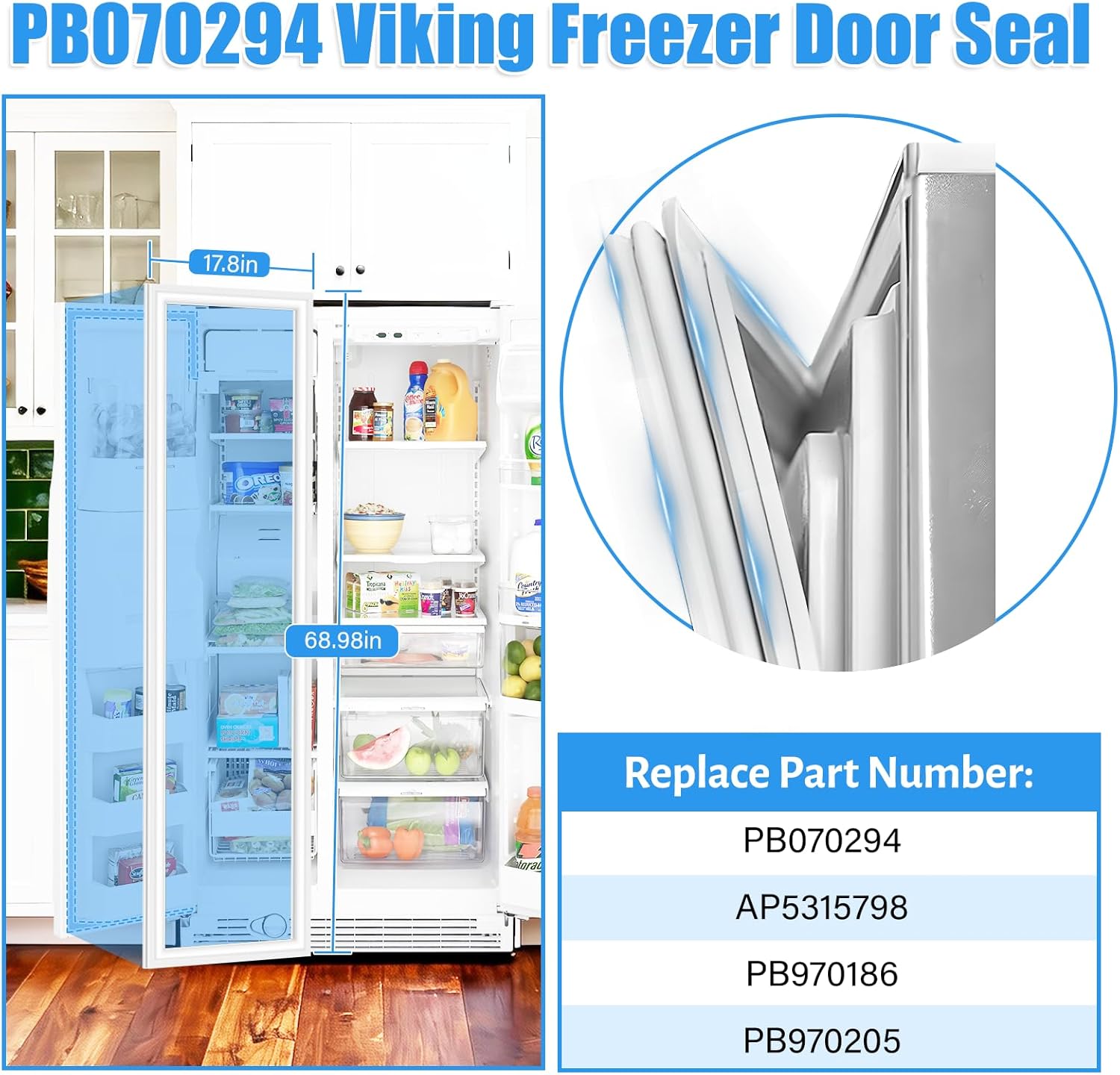 Upgraded PB070294 Freezer Door Seal Compatible with Viking Refrigerator Freezer Door Gasket Replacement Parts AP5315798 PB970186 PB970205 Freezer Door Gasket Seal DDSB483-H,DFSB483-G Fridge Door Seal