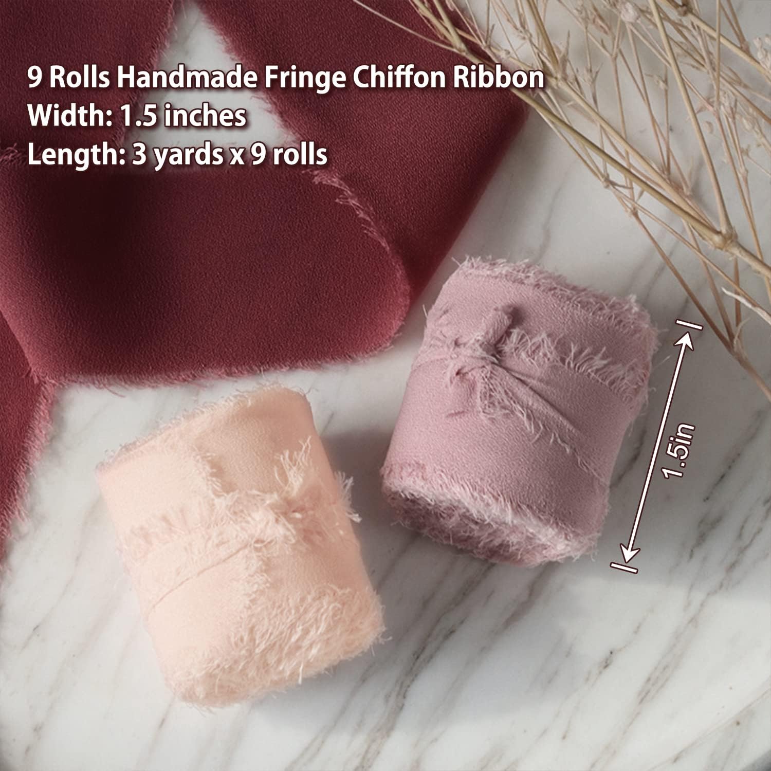 Chiffon Ribbon Fringe Silk 9 Rolls Handmade Frayed Edges Boho Ribbon 1.5 Inch x 3 Yard for Wedding Invitations Decorations DIY Craft Bridal Bouquets