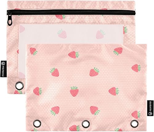 Estuche para lápices de 3 anillos rosa con cremallera transparente para ventana, estuche para lápices, bolsas para suministros de oficina,