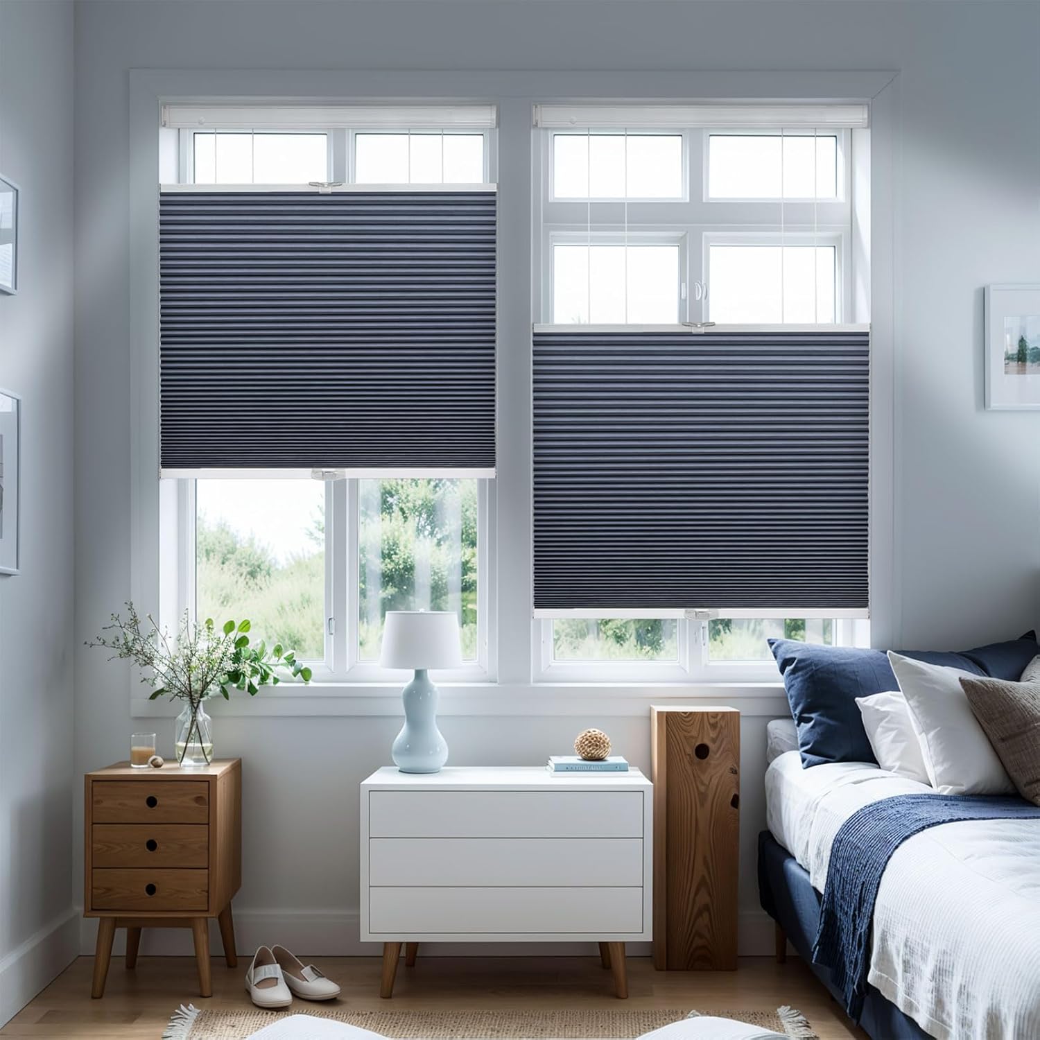 UrMoon No Tools No Drill Top Down Bottom Up Cellular Shades for Windows Blackout Cordless Cellular Blinds Shades for Home, Easy to Install, Blackout Navy Blue, Custom Sizes