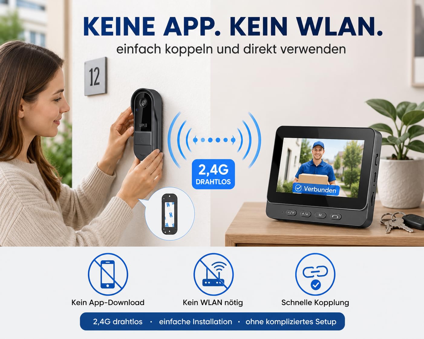 Zeerkeer Funkklingel mit Kamera Türklingel mit Kamera 2.4g Video Türklingel Kabellos mit Video-Zwei-Wege-Sprechanlage, 170 ° Großer Weitwinkel, Erfassung, Echtzeit-Ansicht, Regenfest