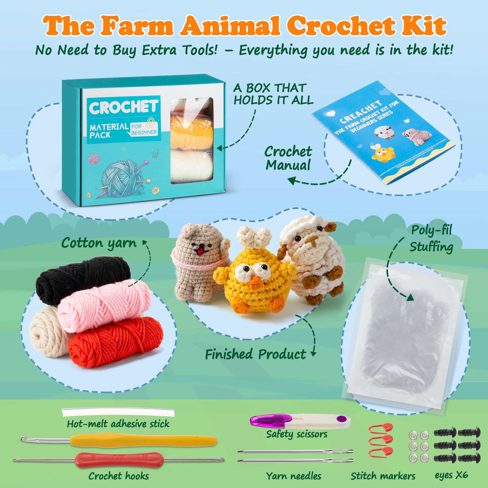 Crochet Kit for Beginners – Creachet Beginner Crochet Kit for Adults, Crochet Animal Kit 3 Pack, Crochet Dog, Chicken, Lamb with Step-by-Step Video Tutorial, Room Decor w/ Extra 40% Yarn