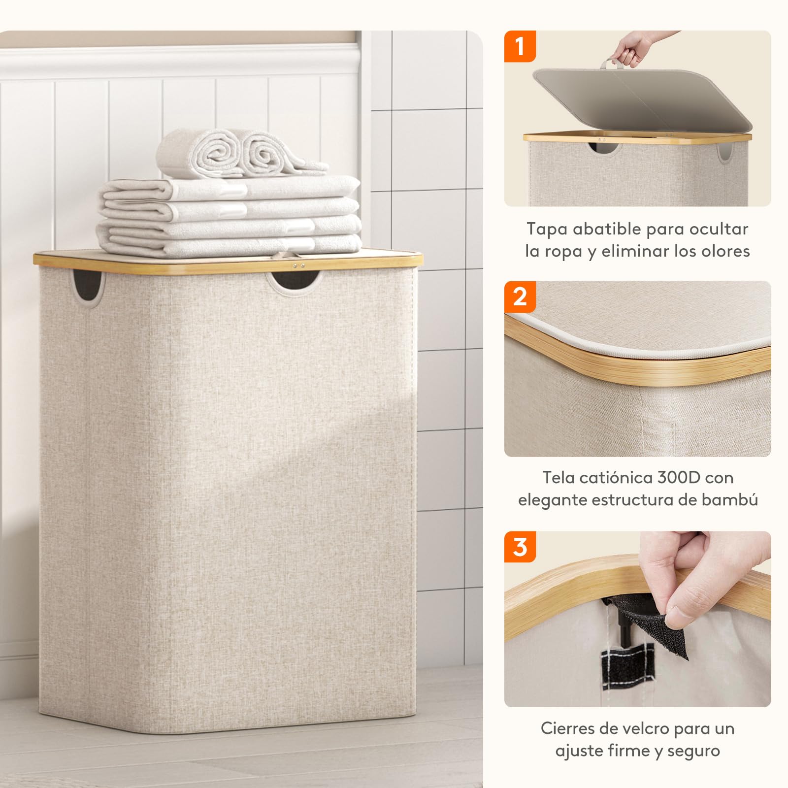 Lifewit 150L Cesto Ropa Sucia con Tapa, Grande Cesta para la Ropa Sucia con 3 Compartimientos y 3 Bolsas, Cubo Ropa Sucia para Dormitorio, Baño y Lavadero, Beige
