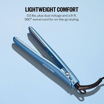 BaBylissPRO Mini Flat Iron Hair Straightener | Nano Titanium 34 In. Plates For Short Hair and Touch-Ups, Blue, BNT137