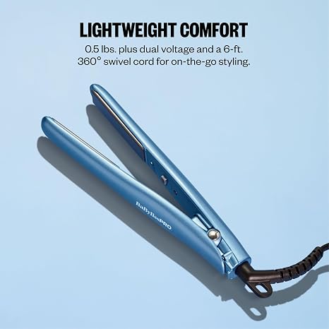 BaBylissPRO Mini Flat Iron Hair Straightener | Nano Titanium 34 In. Plates For Short Hair and Touch-Ups, Blue, BNT137