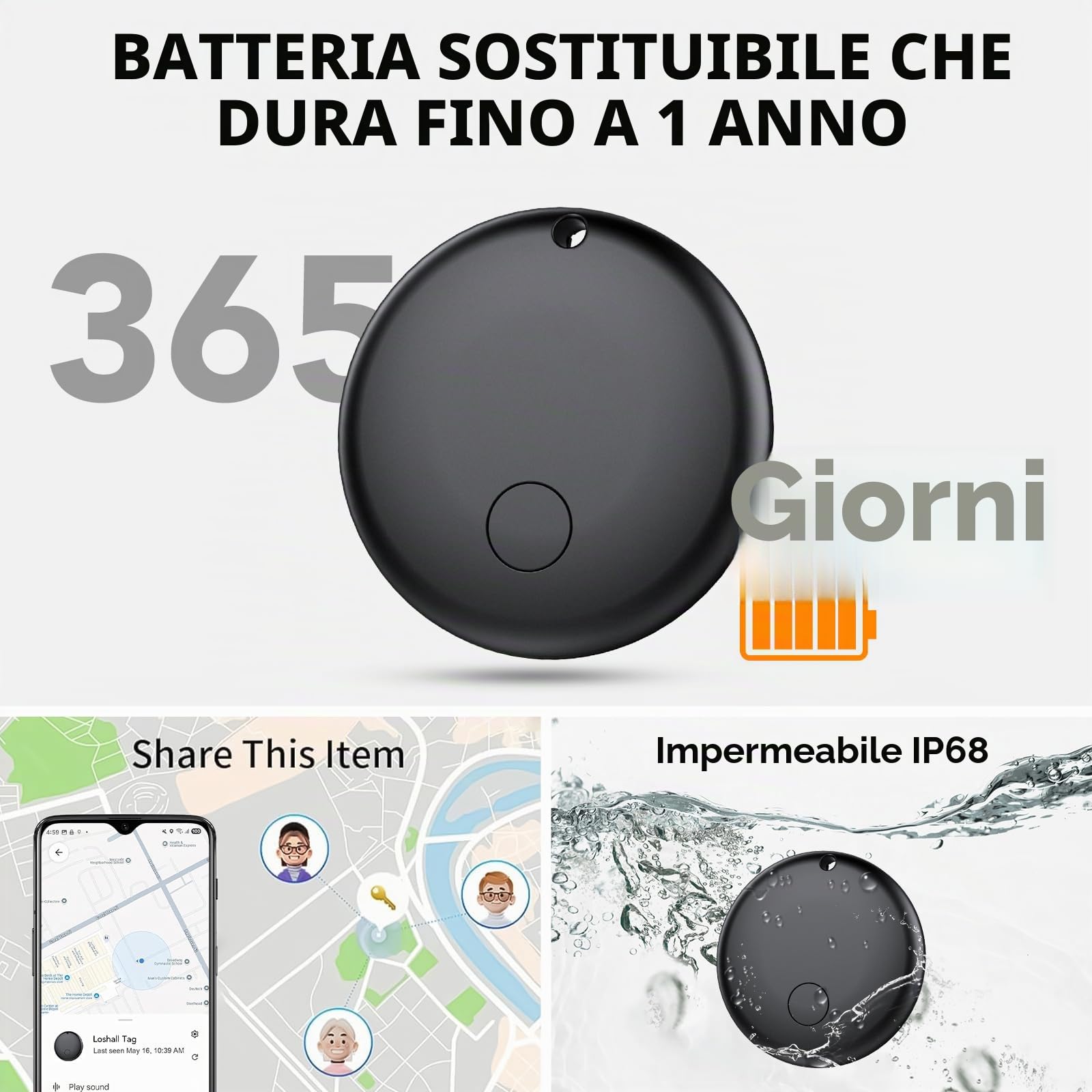 Android Smart Tag, Tracker con Google's Find Hub (Solo Android), IP68 Impermeabile, Bluetooth Localizzatore con Custodia Protettiva, Trova Oggetti per Chiavi/Bagagli/Portafogli, 4 Nero