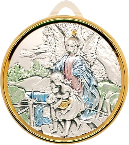 Medalla de cuna de ángel de la guarda para niños, placa plateada con anillo dorado, incluye cintas azules y rosas, gran regalo católico para bautizo