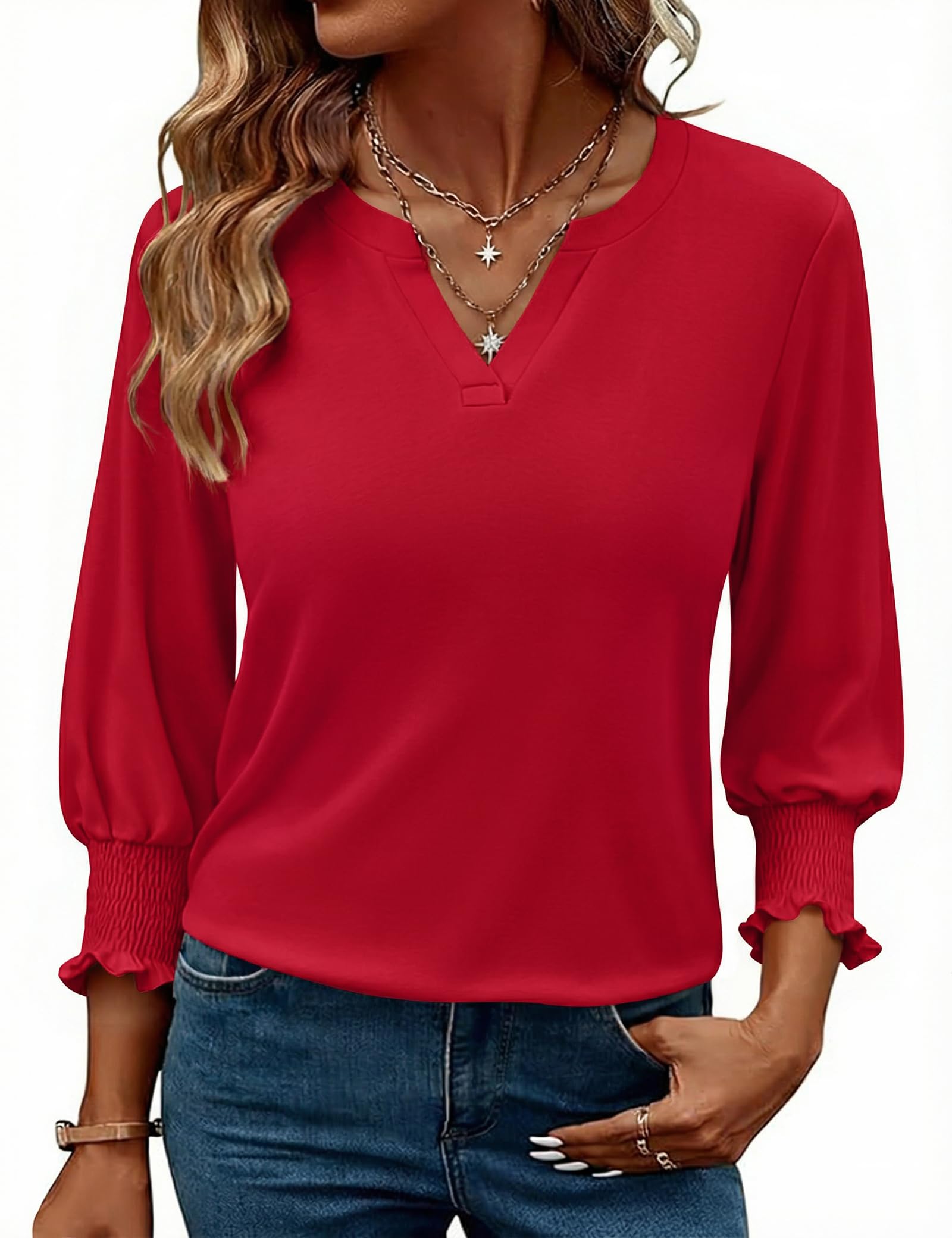 Gyabnw Damen Bluse mit V-Ausschnitt und 3/4-Ärmeln Elegantes Lockeres Blusenshirt Bequem und Hautfreundlich
