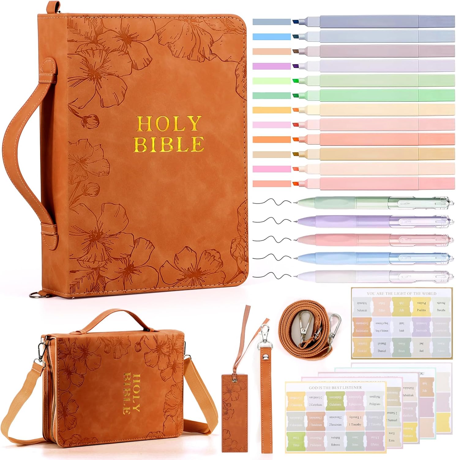 Bible Cover Case for Women，PU Leather Bible Cover，Bible Study Supplies Bible Journaling Kit Book Carrying Case, Mothers Day Christian Gifts,Brown