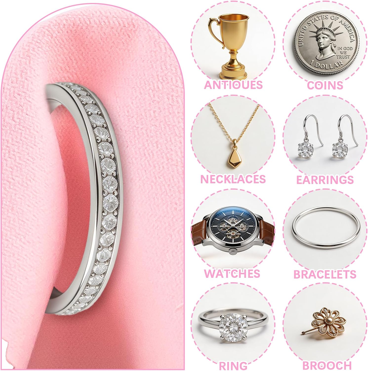 100 Pcs Jewelry Cleaning Cloth, Professional Polishing Cloth Individually Wrapped, Pink Silver Polishing Cloths for Jewelry Sterling Silver Gold Platinum Watch Coins and More (3.2" x 3.2")