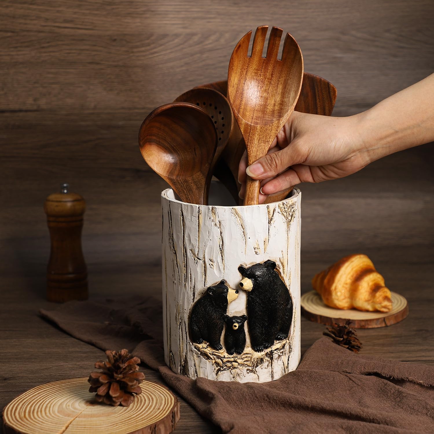 Resin Black Bear and Stump Kitchen Utensil Holder, Large Cooking Utensil Crocks for Countertop-Family