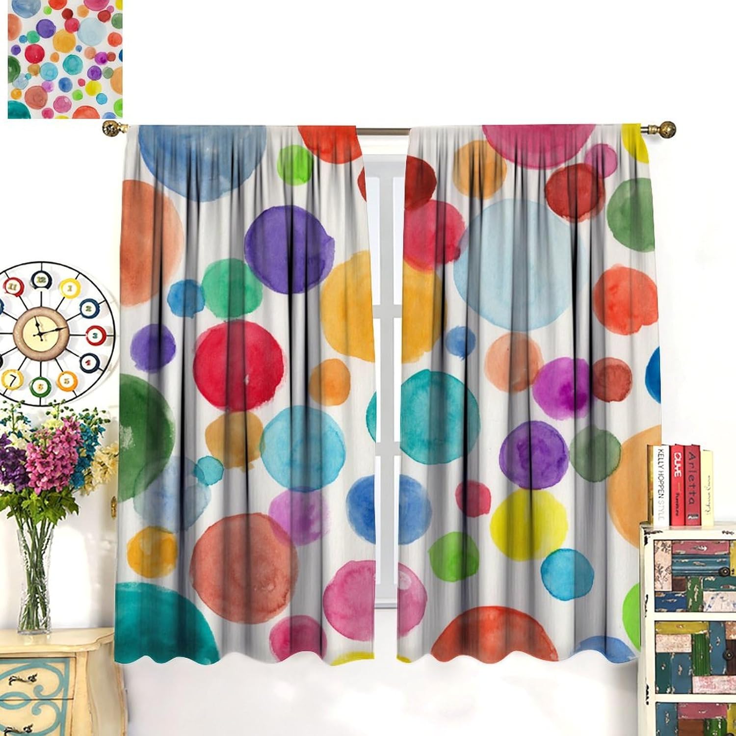 Colorful Polka Dot Curtains, Kids Watercolor Rainbow Abstract Circles Geometric Pattern Window Treatments for Children Girls Bedroom Living Room Decor 52x84in