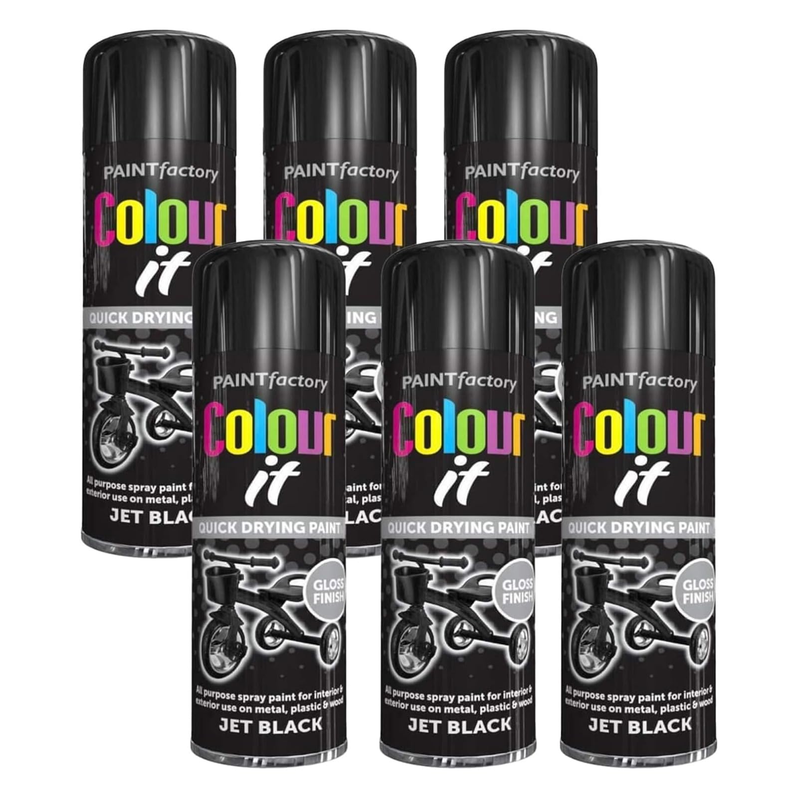 PNJB Paint Spray Can 250ml 'Black Gloss' General Purpose, Fast Dry Excellent Coverage Adhesion, Spray Paint For Metal, Plastic, Wood, Stone, Gloss Finish (Pack of 6)