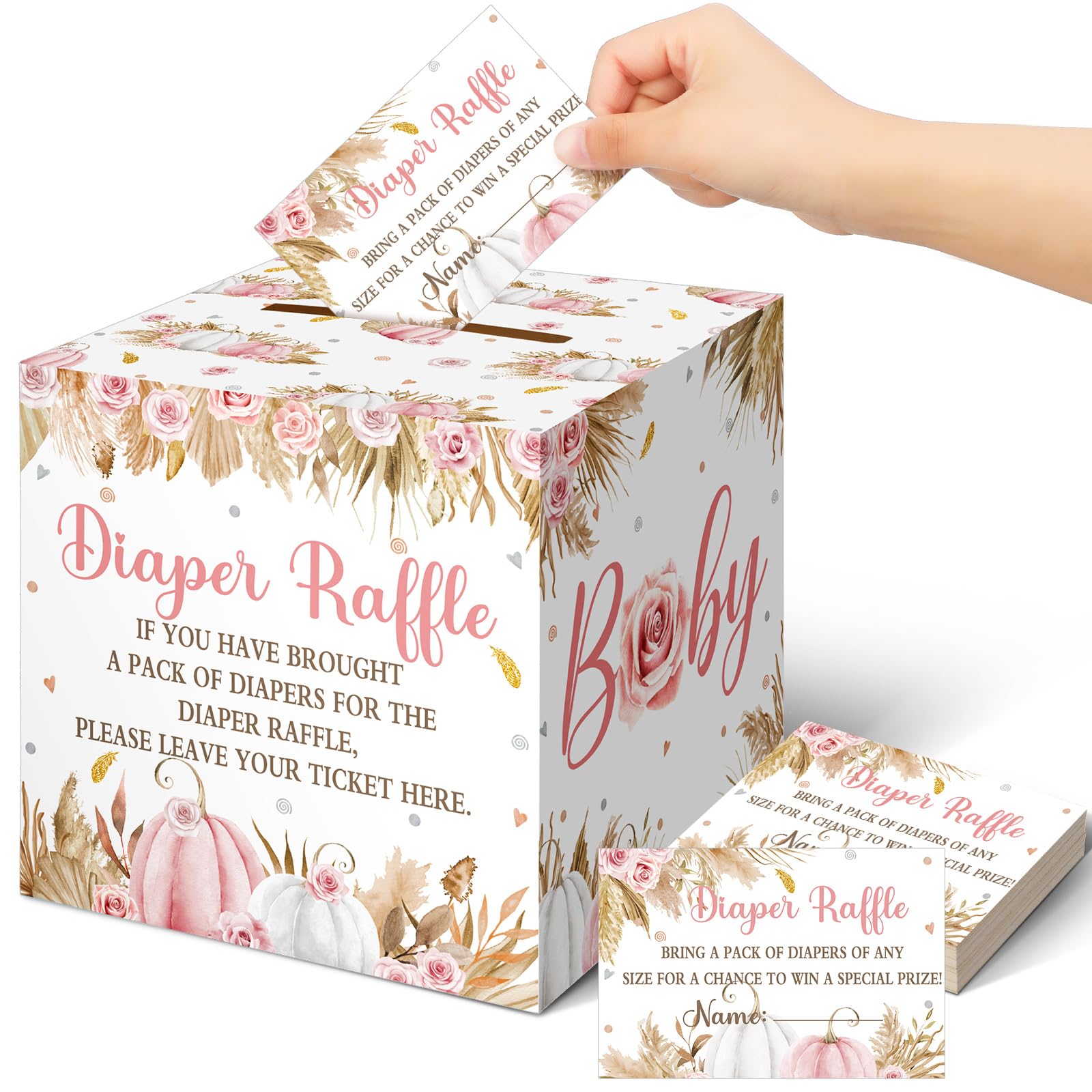 Teling 51 Pcs Fall Pumpkin Diaper Raffle Ticket with Box Baby Shower Holder