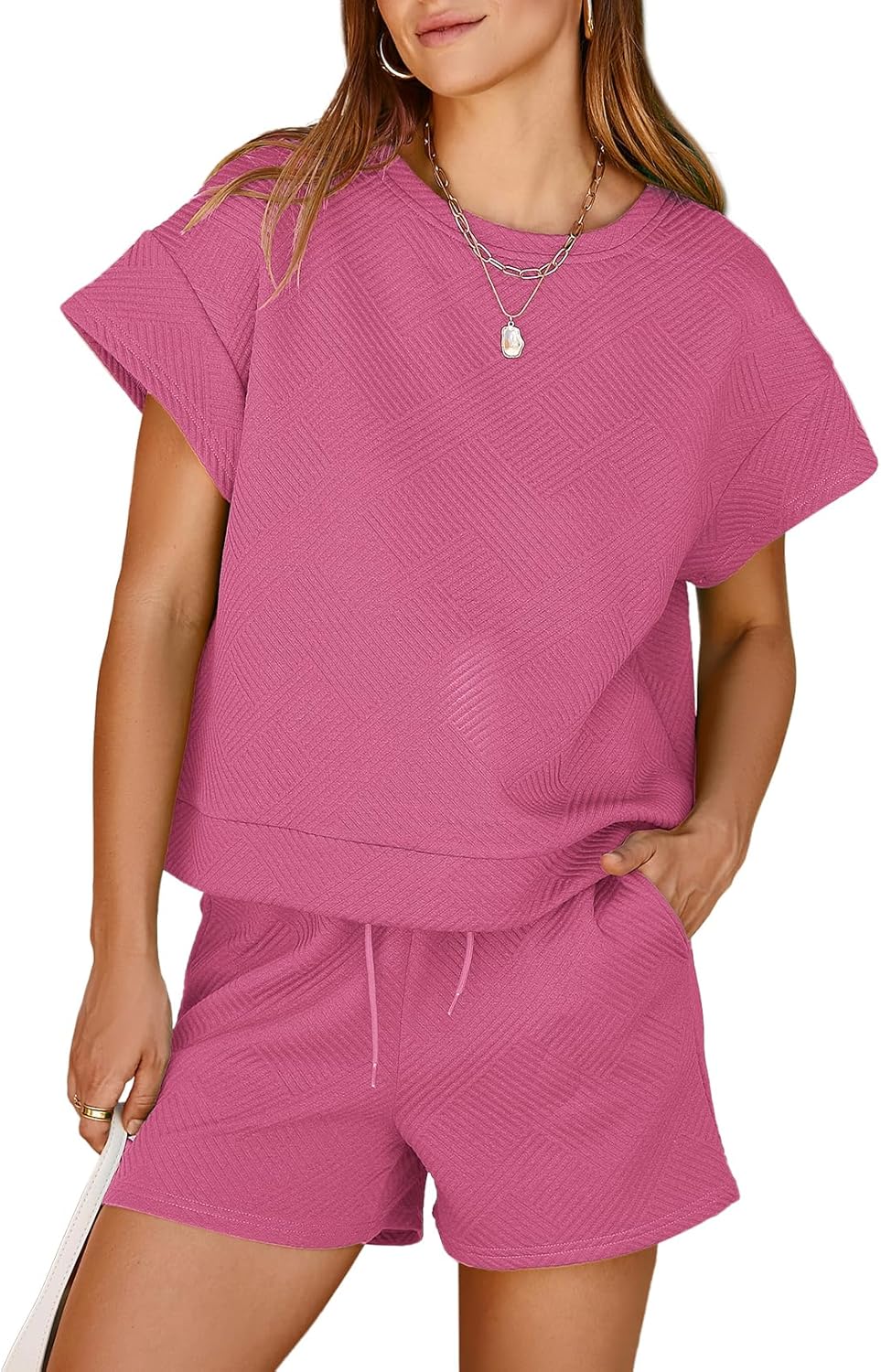 Dokotoo Women's 2 Piece Outfits Sweatsuit Casual Short Sleeve Pullover Tops and Drawstring Shorts Pants Lounge Sets
