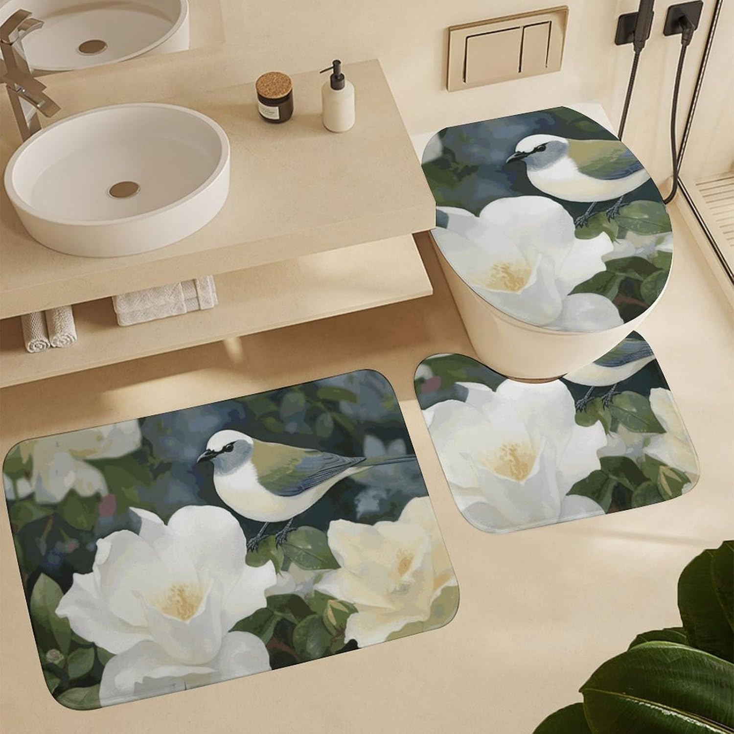 4 Piece Bathroom Rug Set with Shower Curtain, Non-Slip Bath Mat Toilet Cover Set, Gardenia Flowers Birds Bathroom Rug Sets