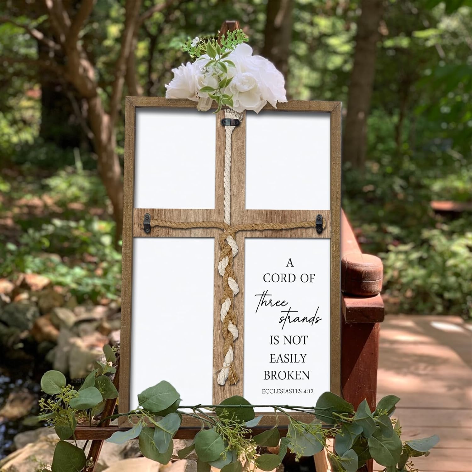 Surfapans A Cord of Three Strands Wedding Sign 15"X10" Braid for Wedding Ceremony Ideas Wood Frame for Couple Anniversary Religious Christian Marriage Gifts Decor Ecclesiastes 4:9-12 (Wood)