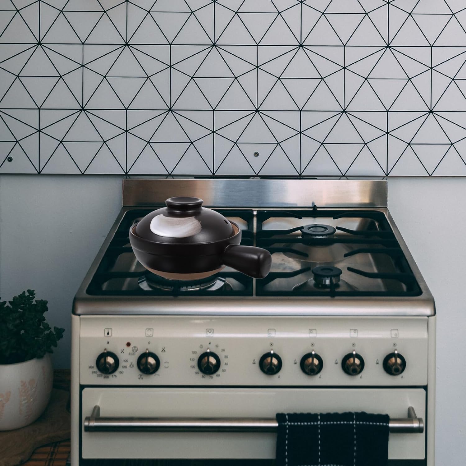 Small Single Handle Ceramic Soup Pot with Lid Energy-saving Casserole for Rice Noodles and Braised Dishes Non-toxic Cooking Pot for One Person Easy-clean Black Grey Pattern