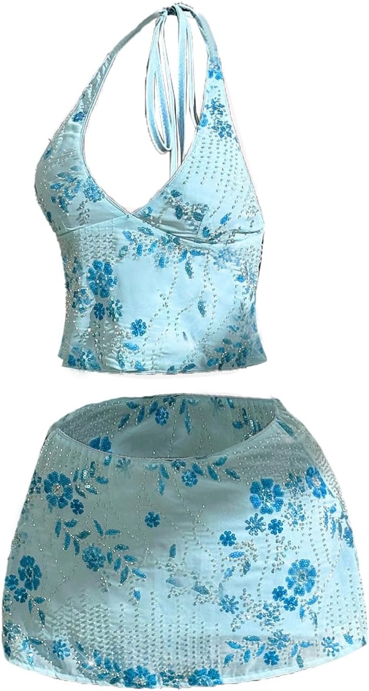 SweatyRocks Women's Y2K Two Piece Sets Sequin Beaded Halter Crop Top Mini Skirt Beach Vacation Outfits