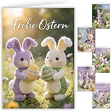 Set of 12 Easter Cards with Envelopes, Crochet Bunnies, Easter Greetings, Set of 12, Hinged Happy Easter Greeting Cards in A6 Format, Folding Cards with Purple Envelopes, Happy Easter Card Set