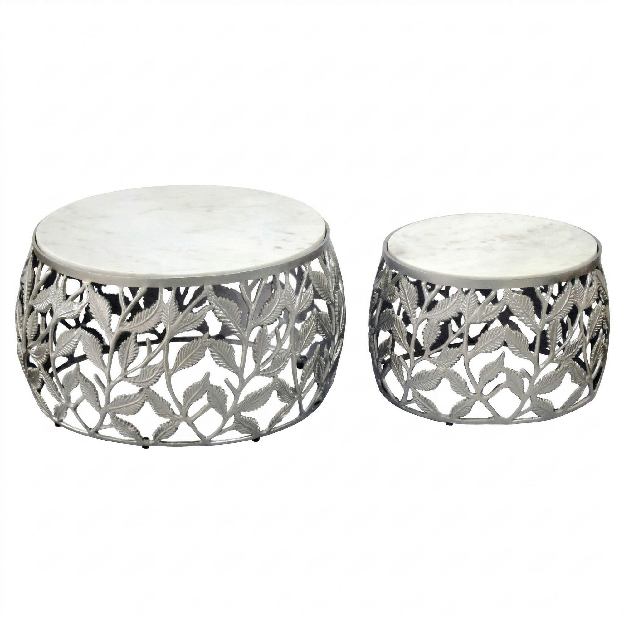 WOHNLING Set di 2 tavolini da salotto argento con piano in marmo bianco - Tavolino da soggiorno rotondo - Tavolino d'appoggio moderno in alluminio - Set tavolini da divano in alluminio con struttura i