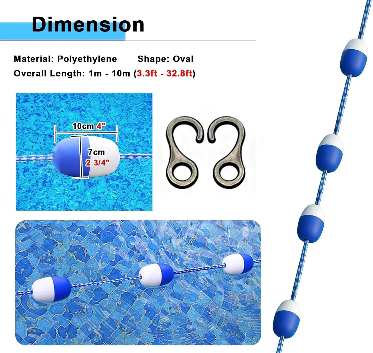 Generic Swimming Pool Rope Float Line, Blue White Safety Marker Line for Competition Training, Portable Pool Lane Divider Line Kits for Home School Game (Size : 1m/3.3ft)