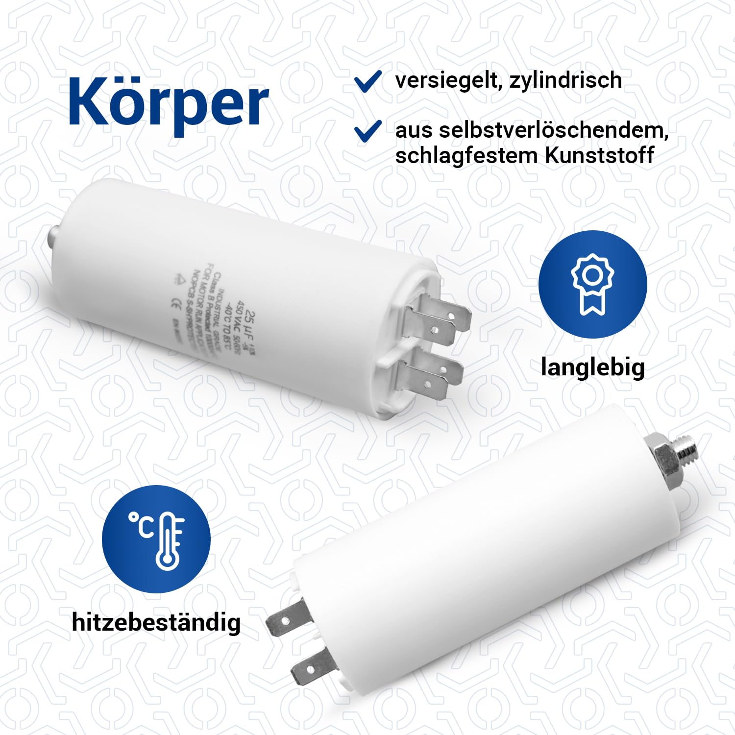 VIOKS Kondensator rozruchowy CBB60 kondensator 25µF 450 V – kondensator silnikowy LED, uniwersalny z flagami wtykowymi AMP 6,3 mm i śrubą mocującą M8 do elektrycznych urządzeń domowych