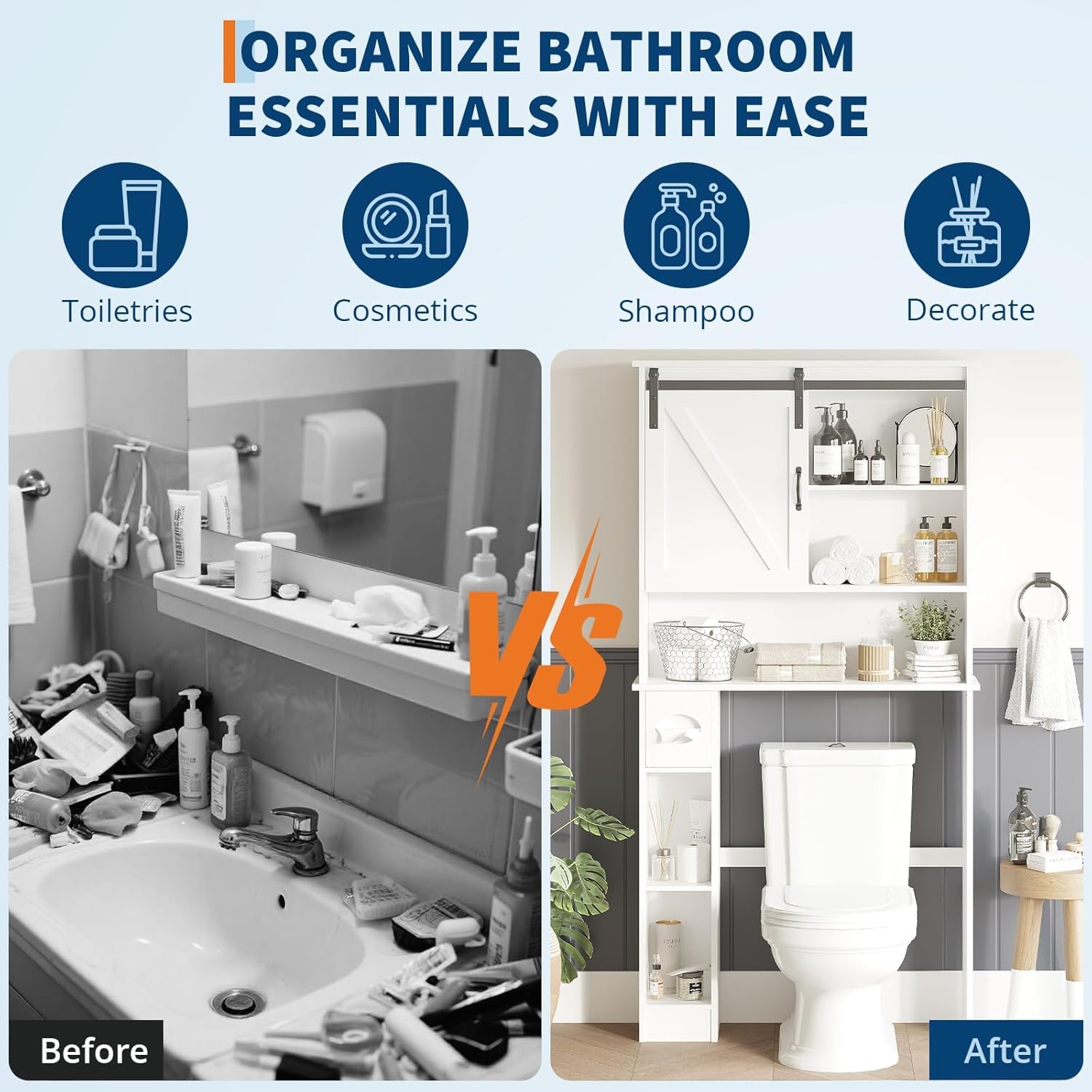 Over The Toilet Storage Cabinet with Barn Doors - Bathroom Stand Over Toilet with Tissue Hook and Adjustable Shelves,for Bathroom,Entrance Foyer,Laundry Room,White