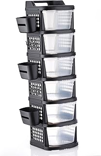 JD FRESH 6 Tier Plastic Storage Drawer Cabinet with Wheels/Modular Storage Drawer Organizer with Side Basket & Integrated Handle/Plastic Storage Trolley Rack for Home/Kitchen (Black Transparent)