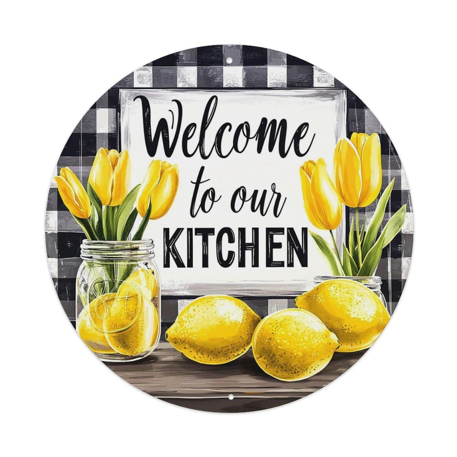 Welcome To Our Kitchen Tulips Lemons Round Tin Sign Vintage Metal Sign Home Bar Garden Indoor & Outdoor Wall Decor Retro Metal Poster 8x8 Inch